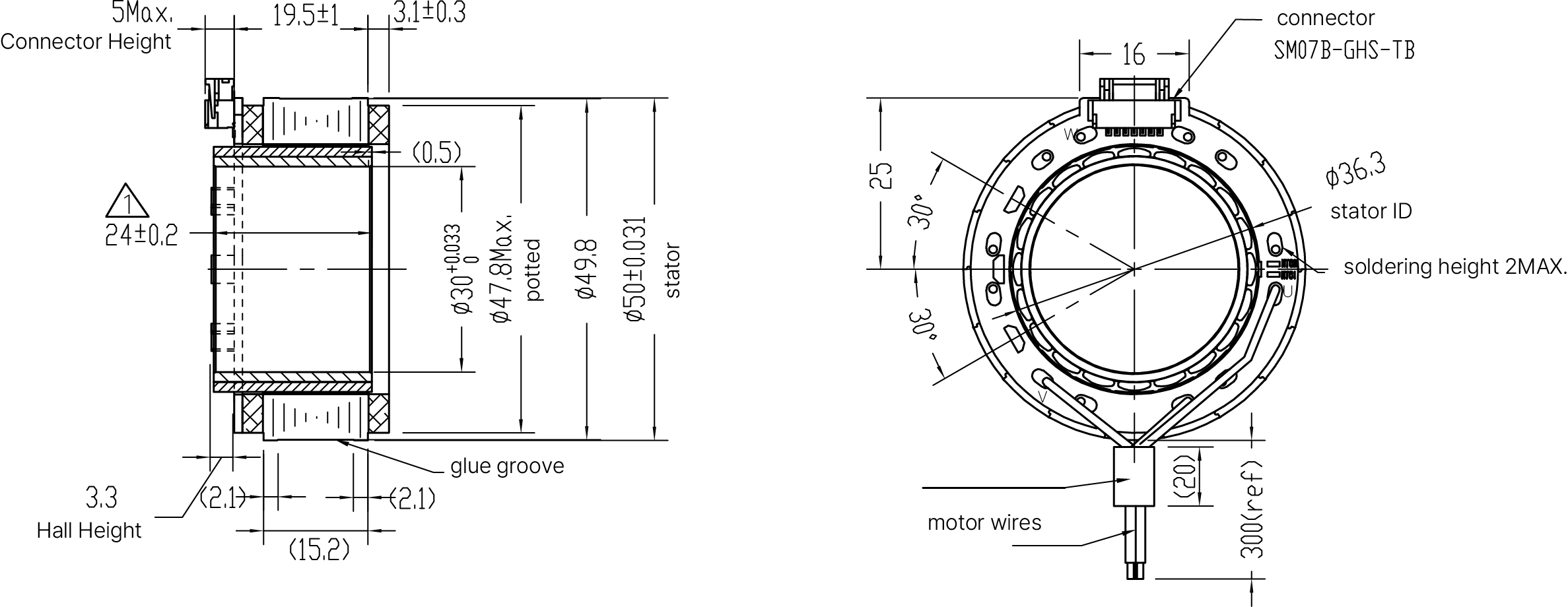 Frameless Motor Size 50mm Dimensional Drawing